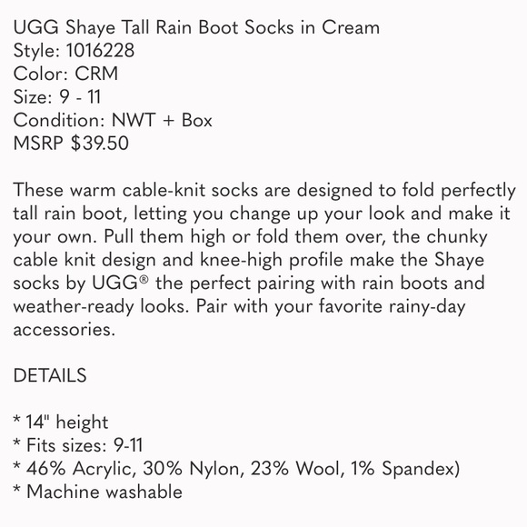 UGG Tall Boot Socks in Cream. Shaye Rain Boot Socks Cable Knit Knee High NEW NIB - Picture 9 of 9